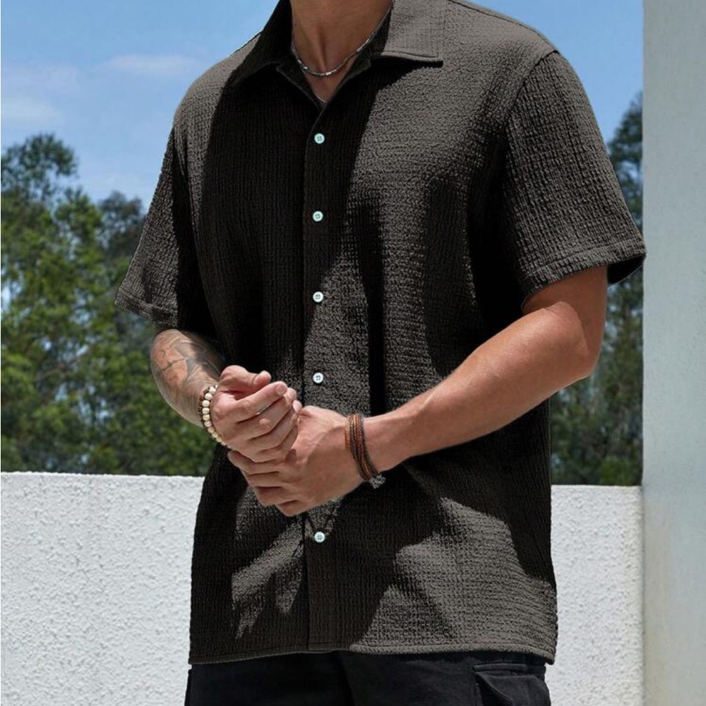 - Homme Loose Fit Men's Solid Color Button Up Shirt